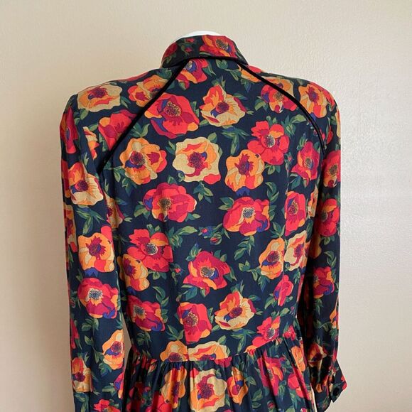 Vintage S.G.Gilbert Size 12 Dark Floral Dress Orange Long Sleeve Velvet Buttons - Picture 7 of 10